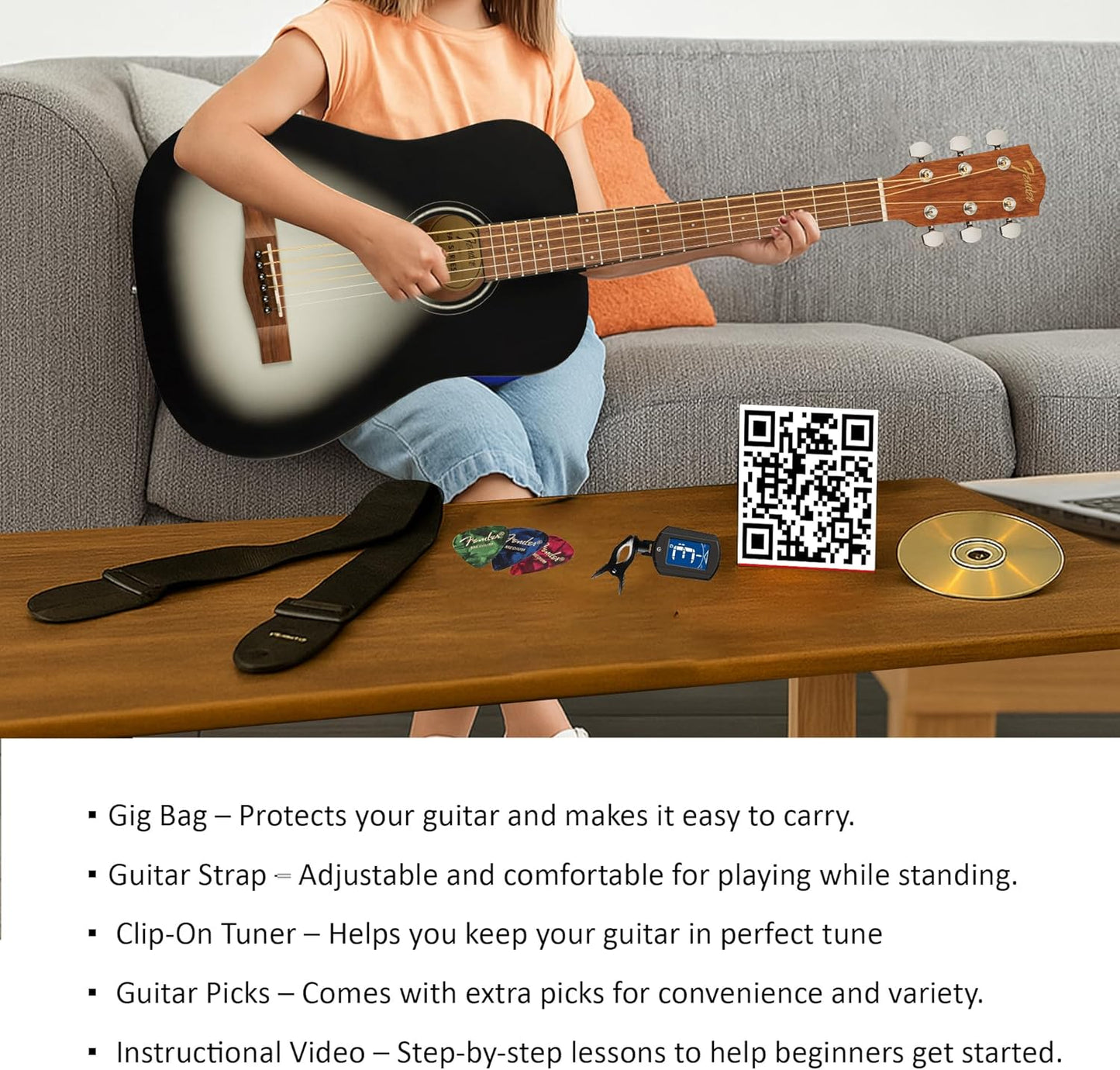 Fender FA-15 3/4-Scale Kids Steel String Acoustic Guitar - Moonlight Burst Bundle with Gig Bag, Tuner, Strap, Picks, Fender Play Online Lessons, and Austin Bazaar Instructional DVD