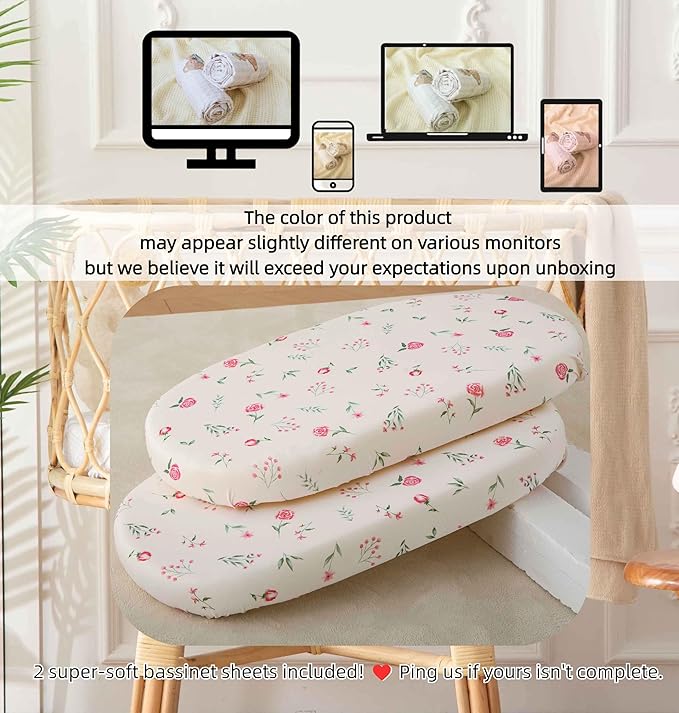 SDY Soft Bassinet Sheets,Pink Rose Bassinet Fitted Sheets for Boys Girls Set 2 Pack,Universal Fit for Rectangle, Round, Oval, Hourglass Mattress Set 32 * 16 * 4 inches (Floral,Pink Rose)