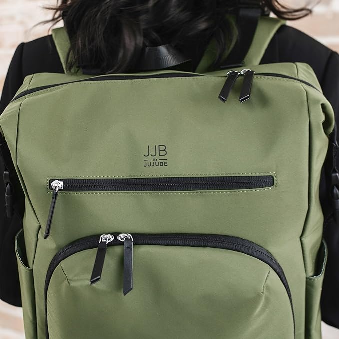JJB by JuJuBe Modern Diaper Bag Backpack with Portable Changing Pad, Stroller Straps, Large Travel Backpack for Boy or Girl, Carrying Baby Bottles, Wipes, Diapers, Pacifiers, Olive, Mother's Day Gift