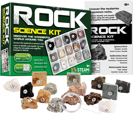 XXTOYS Rock & Stone Collection 15 PCS with Collector Box, STEM Toy Science Kit Geology Mineral Specimens Gift Presents for Kid Geologists