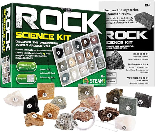 XXTOYS Rock & Stone Collection 15 PCS with Collector Box, STEM Toy Science Kit Geology Mineral Specimens Gift Presents for Kid Geologists