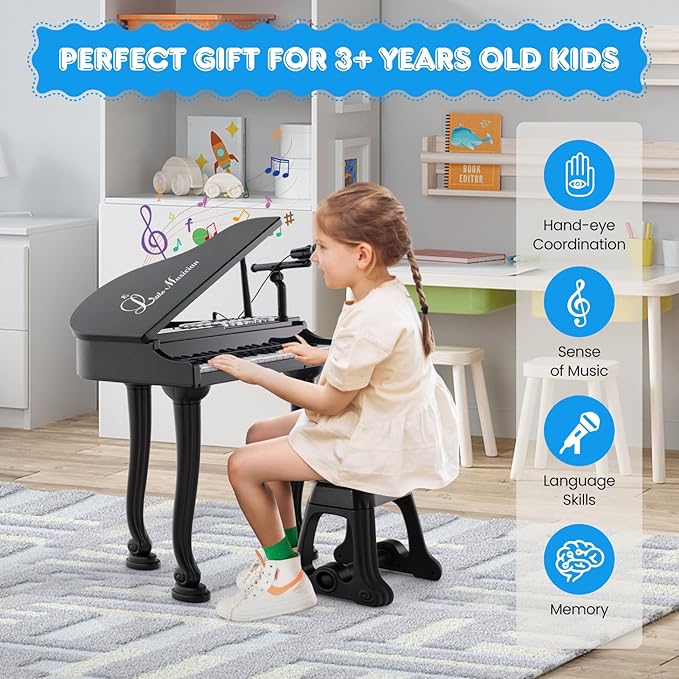 Costzon Kids Piano, 37 Key Mini Grand Piano Toy Keyboard with Microphone, Stool & Lights, Portable Electronic Piano Educational Musical Instrument Toy, Birthday Gift for Toddler Boys Girls (Black)