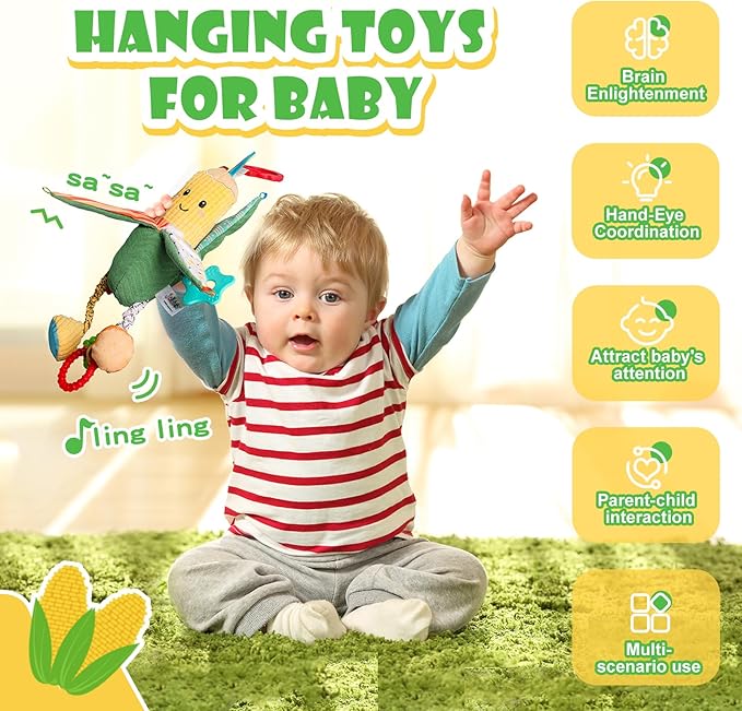 Hanging Rattles Crib & Car Seat Toys for Babies 0-12 Months with Crinkle, Squeaky & Teether, Sensory Corn Soft Stuff Stroller Toys for Newborns, Boys Girls Gifts