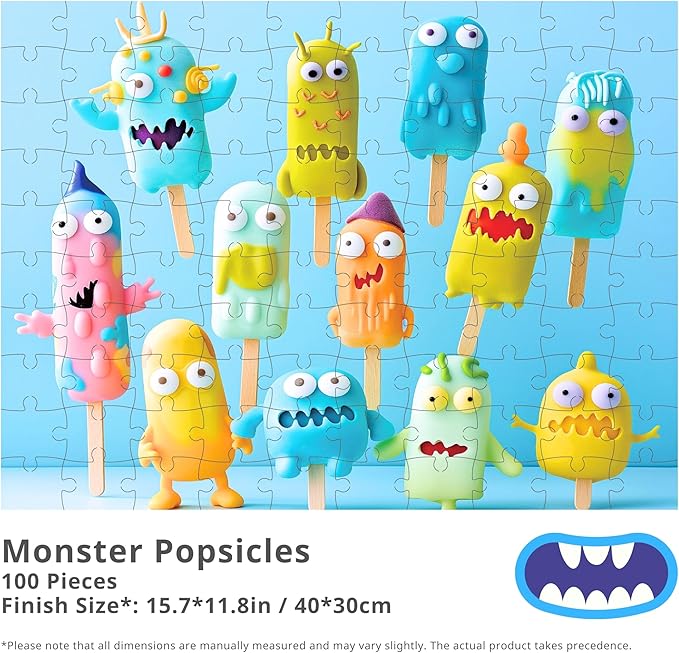 100 Pieces Jigsaw Puzzles, Large Pieces, Puzzles for Beginners, Easy Puzzles for Kids and Seniors, Family Game Nights, Finish Size 15.7 x 11.8 in (Monster Popsicles)