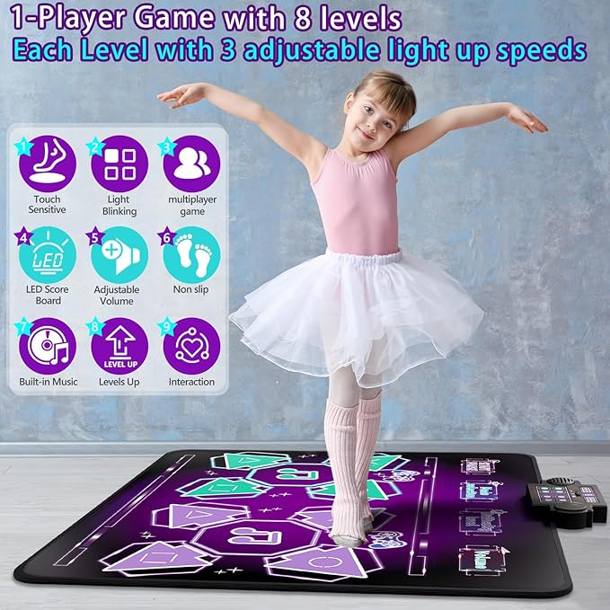 Kids Dance Mat Toys - 2-Player Dance Pad Gifts for Girls Boys Toddlers 3 4 5 6 7 8 9 + Year Old Electronic Dancing Mat Floor Games Toy with Music Light Christmas Birthday Gift (Purple)