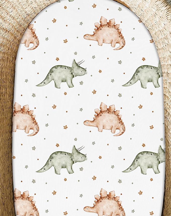 Bassinet Sheets for Baby Girls Boys 2 Pack, Fitted Baby Mattress Sheet for Rectangle, Oval, Hourglass Bassinet Mattress, Breathable Cozy & Universal Fit (Tiny Dinos)