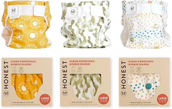 Super Boosties 90ct + Honest Hybrid Cloth Diaper Cover with Pocket-Sling, Large (22-40 lbs), Stops Nighttime Leaks, Boosties Disposable Diaper Inserts, Honest Cotton Muslin Covers, 3 Pack