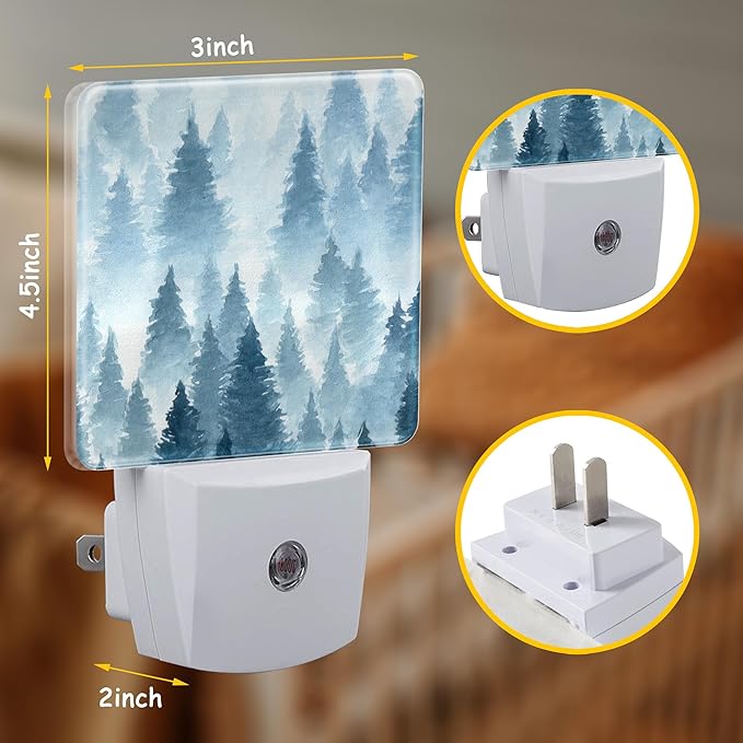 Watercolor Foggy Forest Night Light Plug into Wall with Dusk to Dawn Sensor Energy Efficient LED Nightlight for Women Girls Boys Room Decor,Hallway,Kitchen,Bathroom,Nursery,Stairs