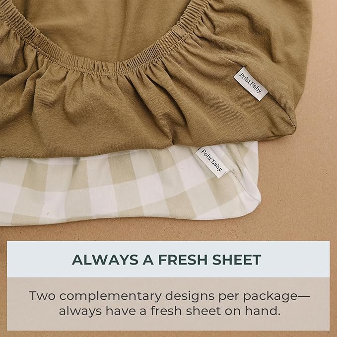 Pobibaby – 2 Pack Pack N Play Sheets and Mini Crib Sheets, Premium Fitted Pack N Play Sheets for Standard Playards and Mini Cribs – Ultra-Soft Jersey Knit, Safe and Snug for Baby (Gingham Khaki)