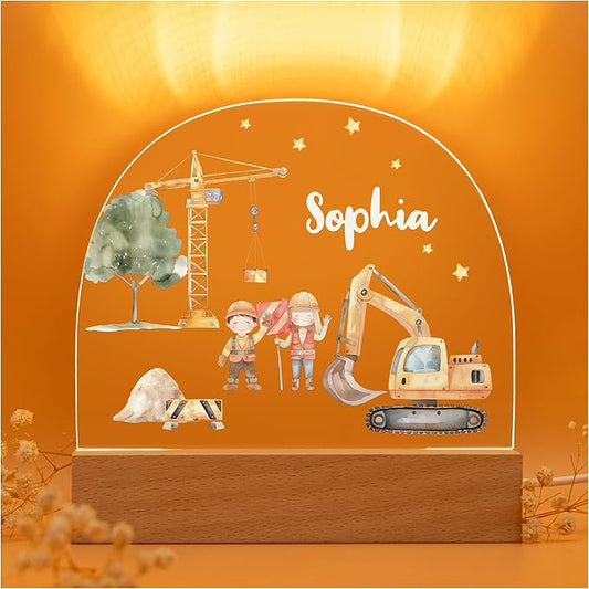 Personalized Baby Gifts for Boys/Newborn Night Light/Personalized Gift/Customized Name Light for Nursery Decor/Warm White Glow - Excavator
