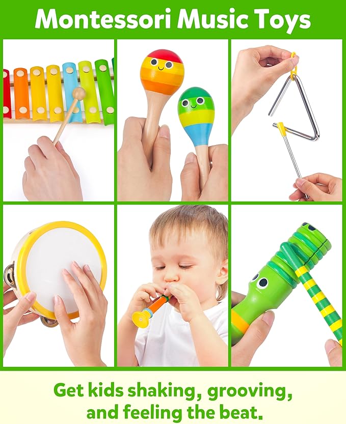 Coogam Wooden Musical Instruments for Toddlers, Tambourine Xylophone Castanet Flute Maracas Playset, Wood Percussion Rhythm Music Toy, Montessori Educational Learning Gift