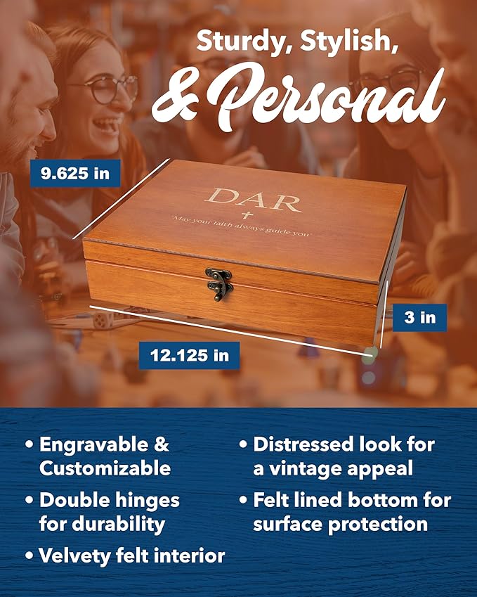 WE Games Wooden Memory Box for Keepsakes – Vintage Decorative Storage Box with Lid - Light Cherry Finish with Engraving