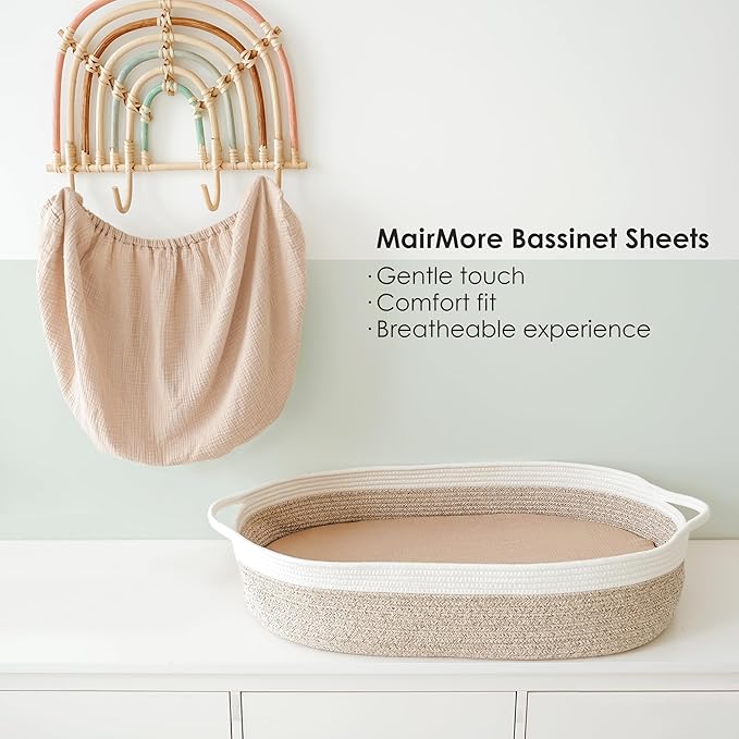Muslin Bassinet Sheets for Babies – Soft & Breathable 100% Cotton Fitted Sheets for Oval, Rectangle, Hourglass Bassinet Mattress Pads, 2-Pack (Ivory & Pink)