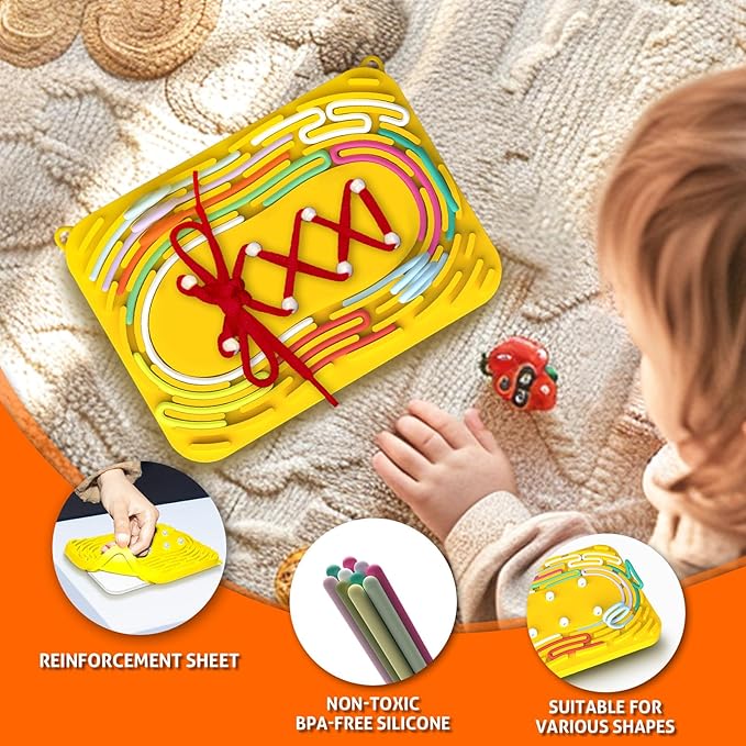 Sensory Activity Board: Silicone Fidget Toy | Shoe Tying Practice & Travel Strap | Silence Stress Relief for ADHD & Autism | Anxiety Calming | Kids 3+ & Adults | Gift-Ready Packaging Bright Yellow
