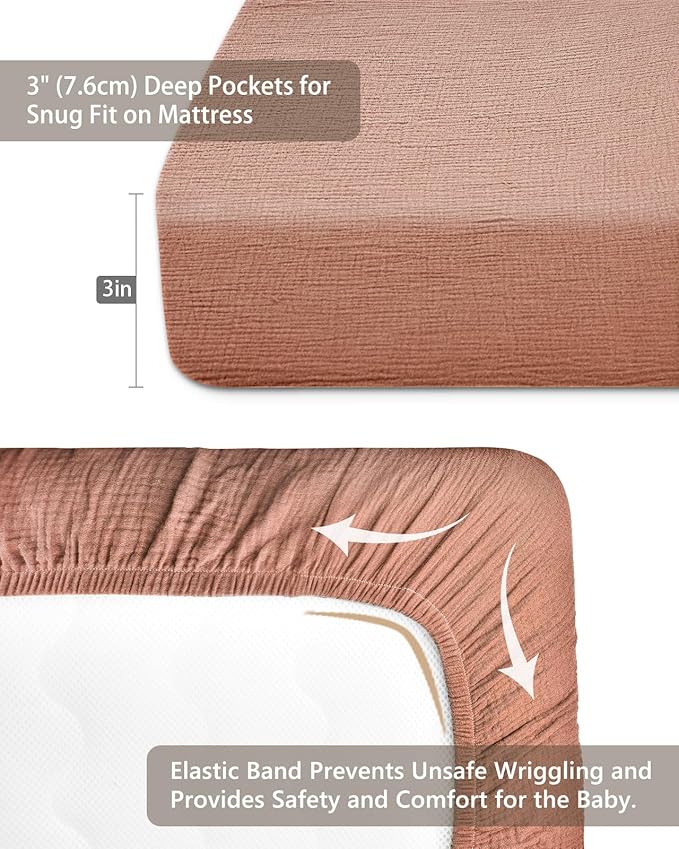 Pack and Play Sheets for Baby Boys and Girls 39"x27"x3", Neutral Muslin Cotton Pack N Play Mattresses Sheet with Boho Style, Soft and Breathable Comfort (Dusty Rose)