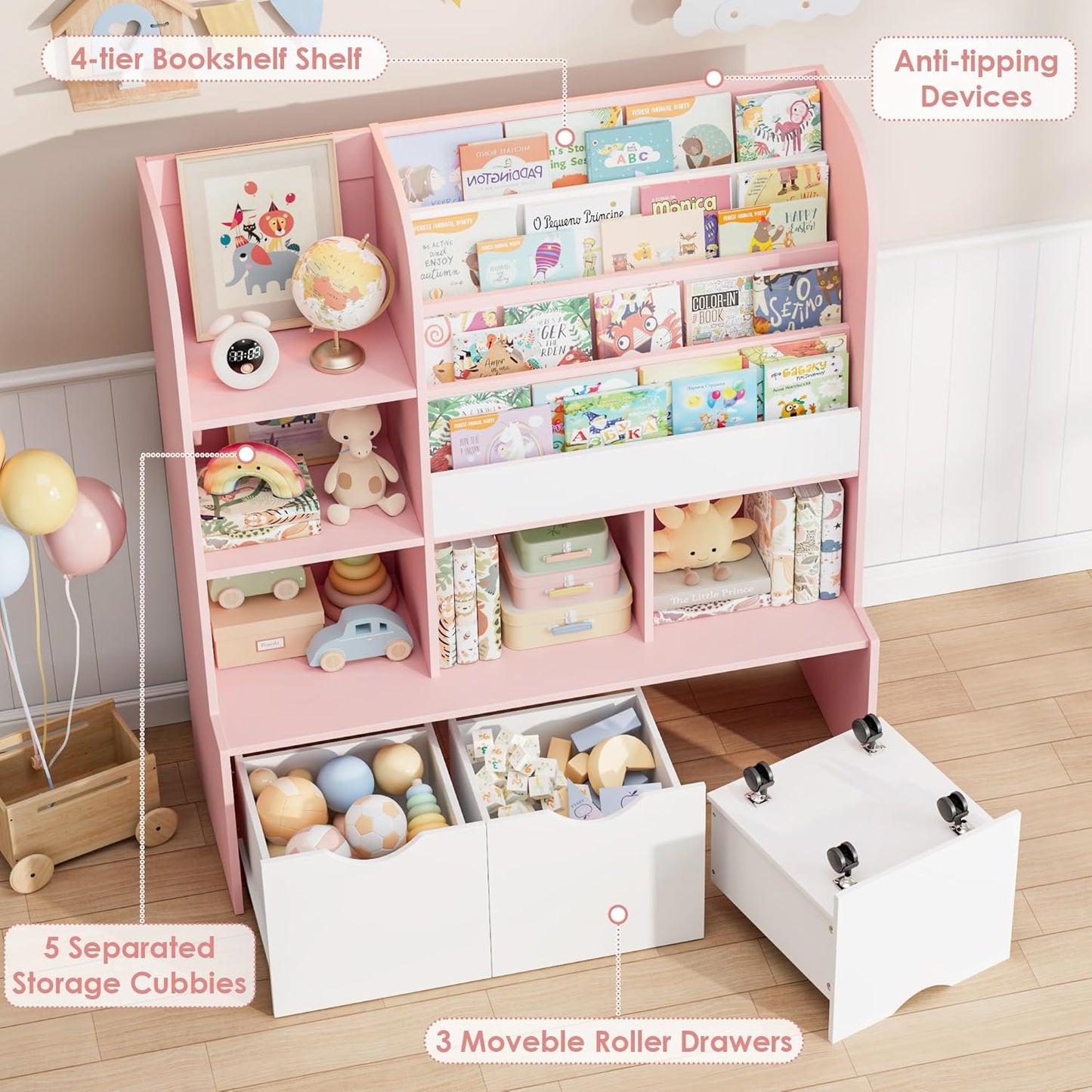 FOTOSOK 47'' Kids Bookcase and Bookshelf, Multifunctional Bookcase with 5 Storage Cubbies and 3 Movable Drawers, Toy Storager Display Stand, Toy Storage Organizer for Bedroom, Playroom, Hallway, Pink