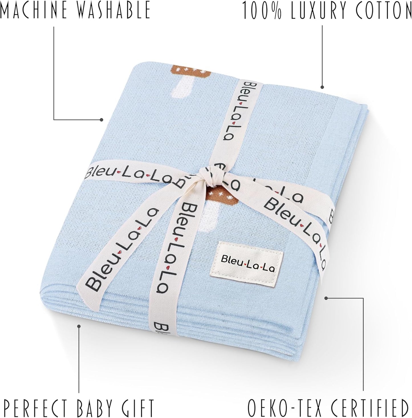 Mushroom Baby Blanket for Boys 100% Cotton Buttery Soft Cozy Receiving Swaddle Crib Stroller Blanket for Shower Gift Registry for Newborns, Infants, Toddlers (Mushroom - Blue)