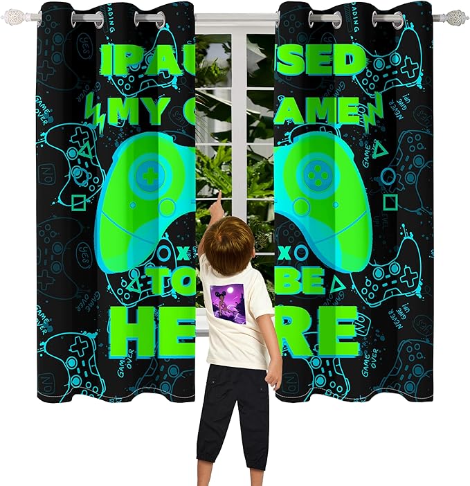Gaming Curtain for Boys - 2Pcs Gamer Curtain Panels for Boys Bedroom Blackout Drapes Modern Games Patterns Windows Curtains Green Game Room Decor Grommet Top Thermal Insulated Curtains, 82" x 63"