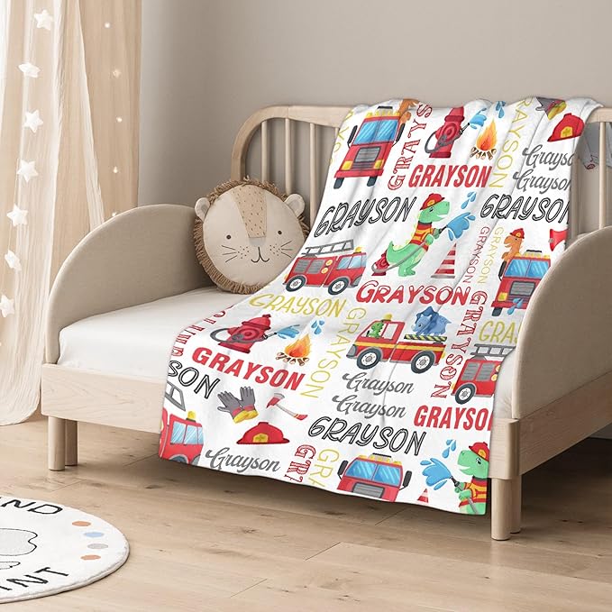 Personalized Baby Blanket for Girls Boys Kids Truck Dinosaur Custom Baby Blanket with Name Throw Birthday Gift for Toddlers Infants Shower Newborns Nursery Stroller Crib Bed Decor
