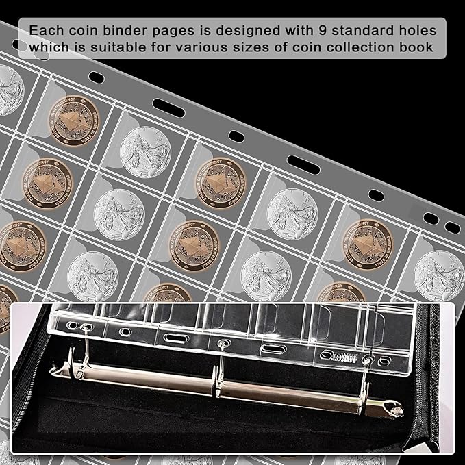 12 Sheets Coin Collection Supplies Pages, Collecting Book Album Protectors Sleeves with Standard 9 Hole for Coin Binder, Currency Holder Storage for Pennies, Quarters Stamp (42 Pocket per Sheet)