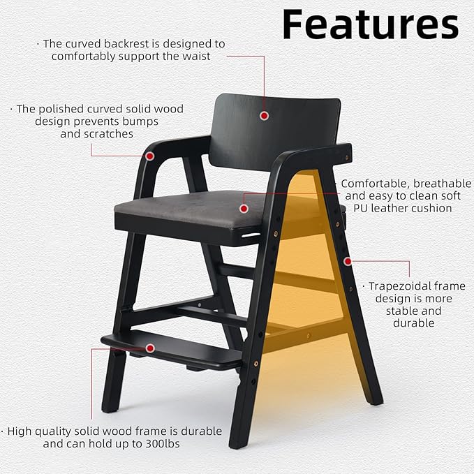 Solid Wood High Chair for Toddlers, Baby Highchair, Adjustable HighChair for Babies/Toddlers with Removable Cushion, Children Kids DiningChair, Teens Study Chair with Steps (Black)