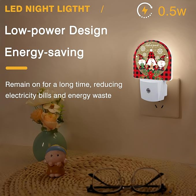 Red and Black Buffalo Plaid Night Lights Plug into Wall Christmas Gnomes Night Light Dusk to Dawn Smart Sensor Decorative Round Led Lamp for Bedroom Kitchen Hallway Nightlight for Women Men