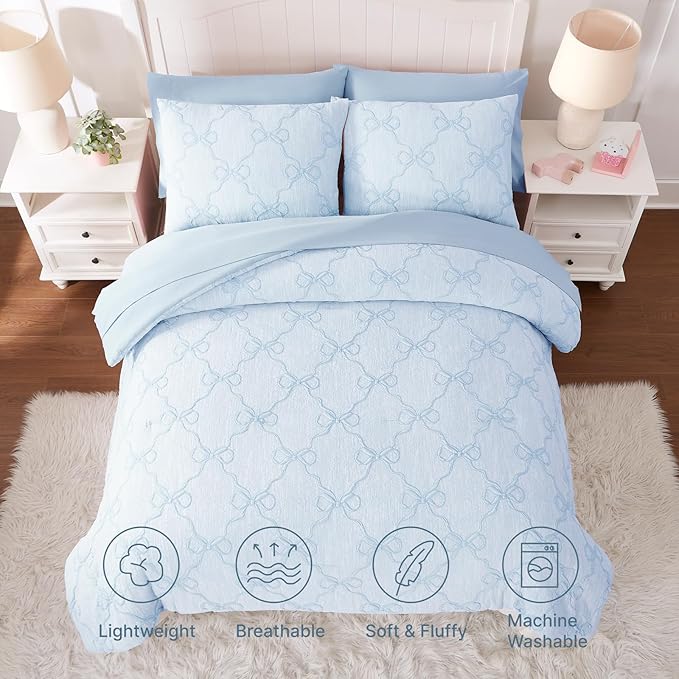 Queen Comforter Set with Sheets for Girls-7 Pieces Queen Bedding Sets with Light Blue Comforter, Sheets, Pillowcases & Shams for Kids (Light Blue Bow Knot, 90" X 90")