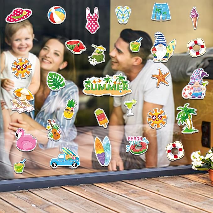 MARFOREVER 25 PCS Summer Window Thick Gel Clings Stickers Reusable Hawaiian Seasonal Window Clings Decals for Classroom Nursery Home Beach Summer Party Supplies Decorations