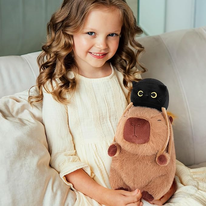 Achwishap Capybara Plush,Capybara Stuffed Animal Cute Plushies,Capybara Plush Toys,Kawaii Plushie Stuffed Toy with Black Cat Backpack Plushies Gifts for Kids Adults(Capybara with Black Cat,9.1”)