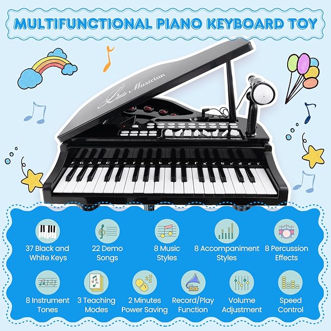 Costzon Kids Piano, 37 Key Mini Grand Piano Toy Keyboard with Microphone, Stool & Lights, Portable Electronic Piano Educational Musical Instrument Toy, Birthday Gift for Toddler Boys Girls (Black)