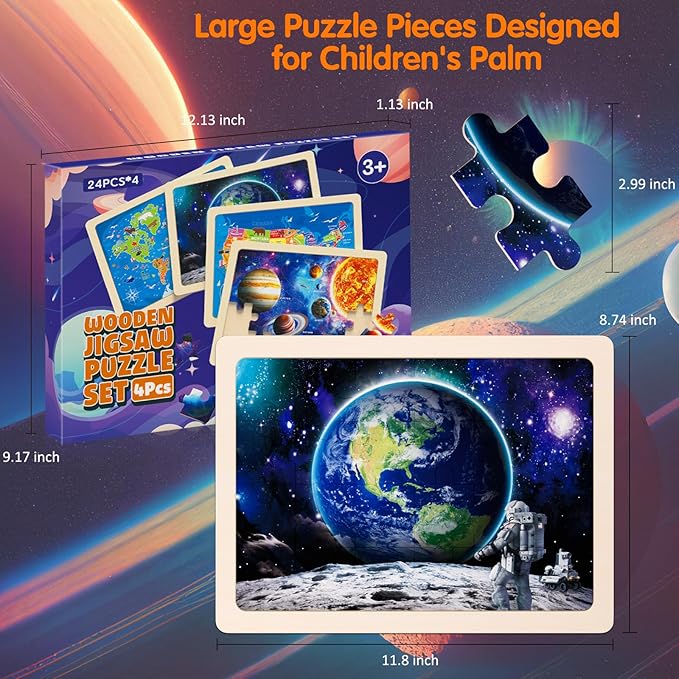 Jigsaw Puzzles Wooden Puzzles for Kids Ages 3-5 Preschool Educational Toddlers Toys United States Puzzle Space Universe World USA Map Earth Exploration Gifts for 3 4 5 6 Year Old Boys Girls 4 Packs