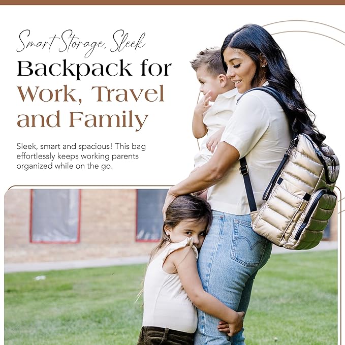 Citi Collective Gallery Diaper Bag Backpack - Casual Day-to-Day Backpack Fits 15" Laptop - Travel Bag with Multiple Compartments, Pockets, Portable Changing Pad, and Shoulder Strap-Gold