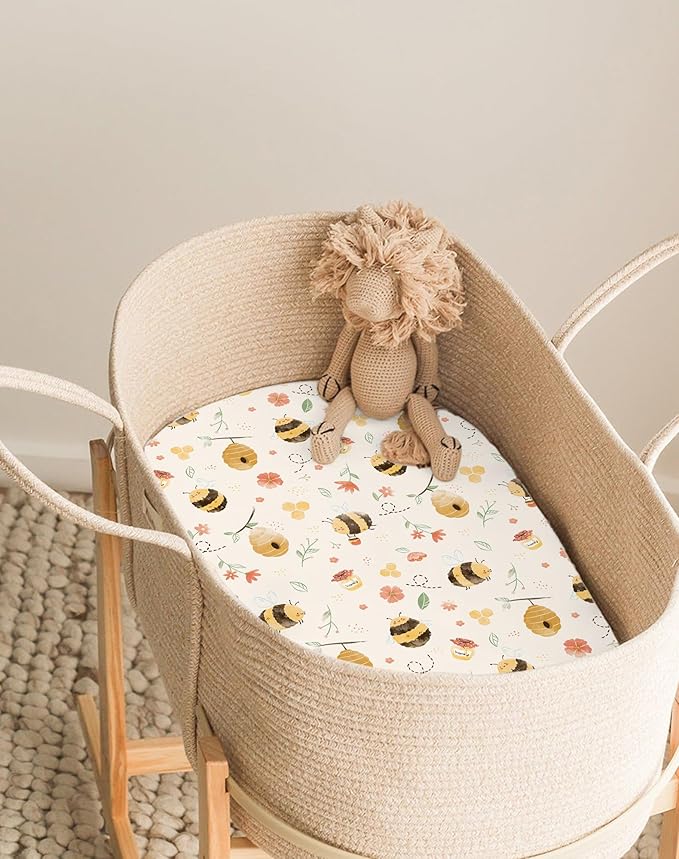 Bassinet Sheets for Baby Girls Boys 2 Pack, Fitted Baby Mattress Sheet for Rectangle, Oval, Hourglass Bassinet Mattress, Breathable Cozy & Universal Fit (Bee Happy)