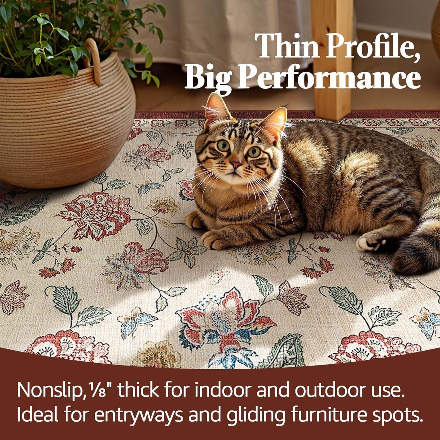 jinchan Floral Corner Rug for Living Room Washable Bedroom Rug Vintage Romance Design Non Slip Quarter Circle Lightweight Low-Pile Throw Carpet for Reading Nook Playroom,7ft Radius, Red/Beige