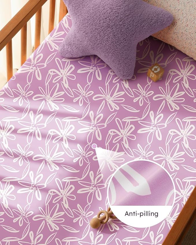 Pack and Play Sheets Fitted 3 Pack, Mini Crib Sheets for Pack N Play Mattress Stretchy Portable Playard Sheets, Soft Breathable Purple Leaf