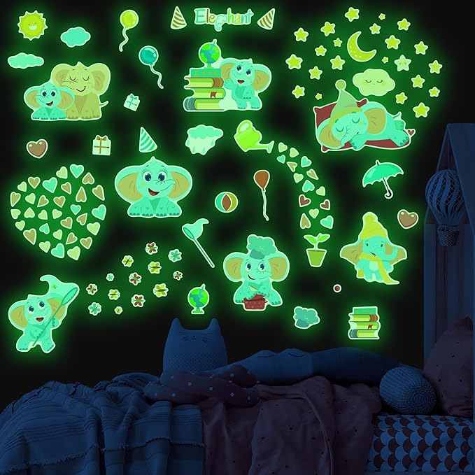 Glow in The Dark Cute Elephants Wall Decals, Animal Star Stickers for Baby Girls Boys Room, Luminous Ceiling Decor for Bedroom Playroom Nursery