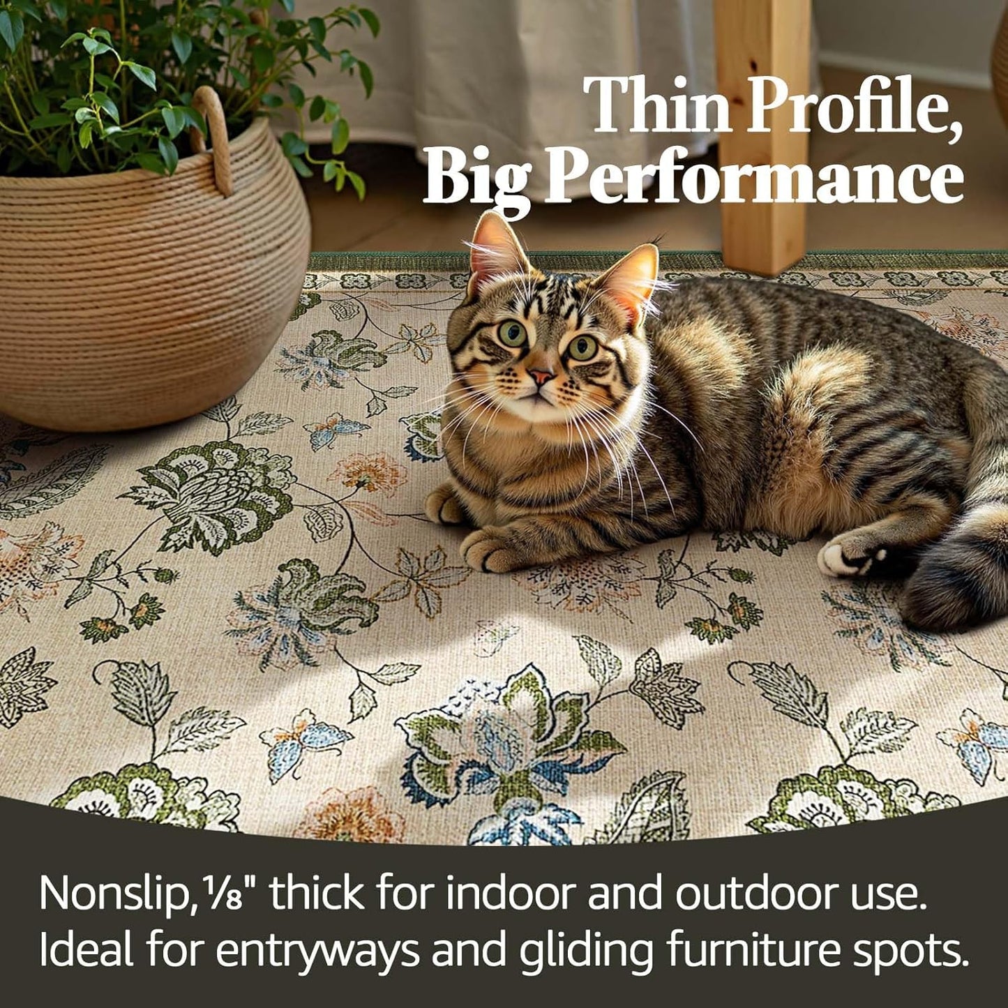 jinchan 3x8 Floral Runner Rug for Hallway Washable Kitchen Runner Vintage Romance Design Non Slip Thin Indoor Floor Cover Low-Profile Throw Carpet for Entryway Bathroom Bedroom Porch, Green/Beige