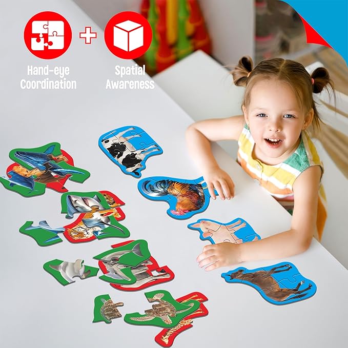 12 Pack Animal Puzzles, 48 Pieces Step-by-Step Farm/Marine/Safari Animal Jigsaws, Realistic Animal Jigsaw Puzzles with Name Guide Early Learning for Beginner Preschool Toddlers 3+ Years Old