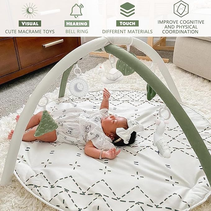 Little Dove Tummy Time Mat with 6 Toys, Macrame Baby Play Mat for Newborn, Baby Gym with 12 Milestone Cards, Stage-Based Sensory and Motor Skill Development Baby Play Gym, Non Slip Mat Washable, Green