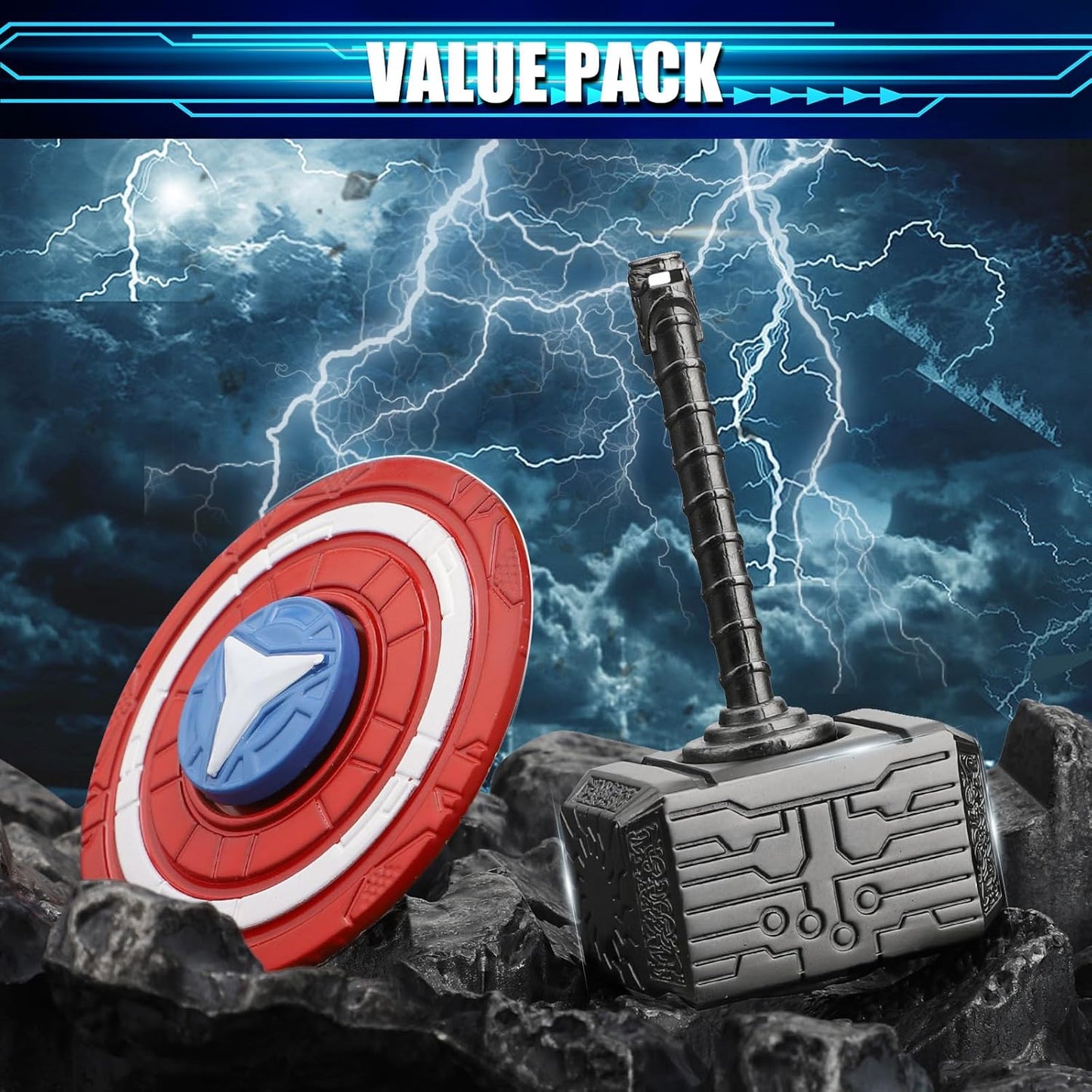 Mjolnir Fidget Spinner Cube Toy for Kids Adult, Hammer Figit Hand Spinner with Shield Finger Spinner Metal Block Transformable Gyro Fidget Keychain, Cool Gadget Bag Filler Gift 2 Pack