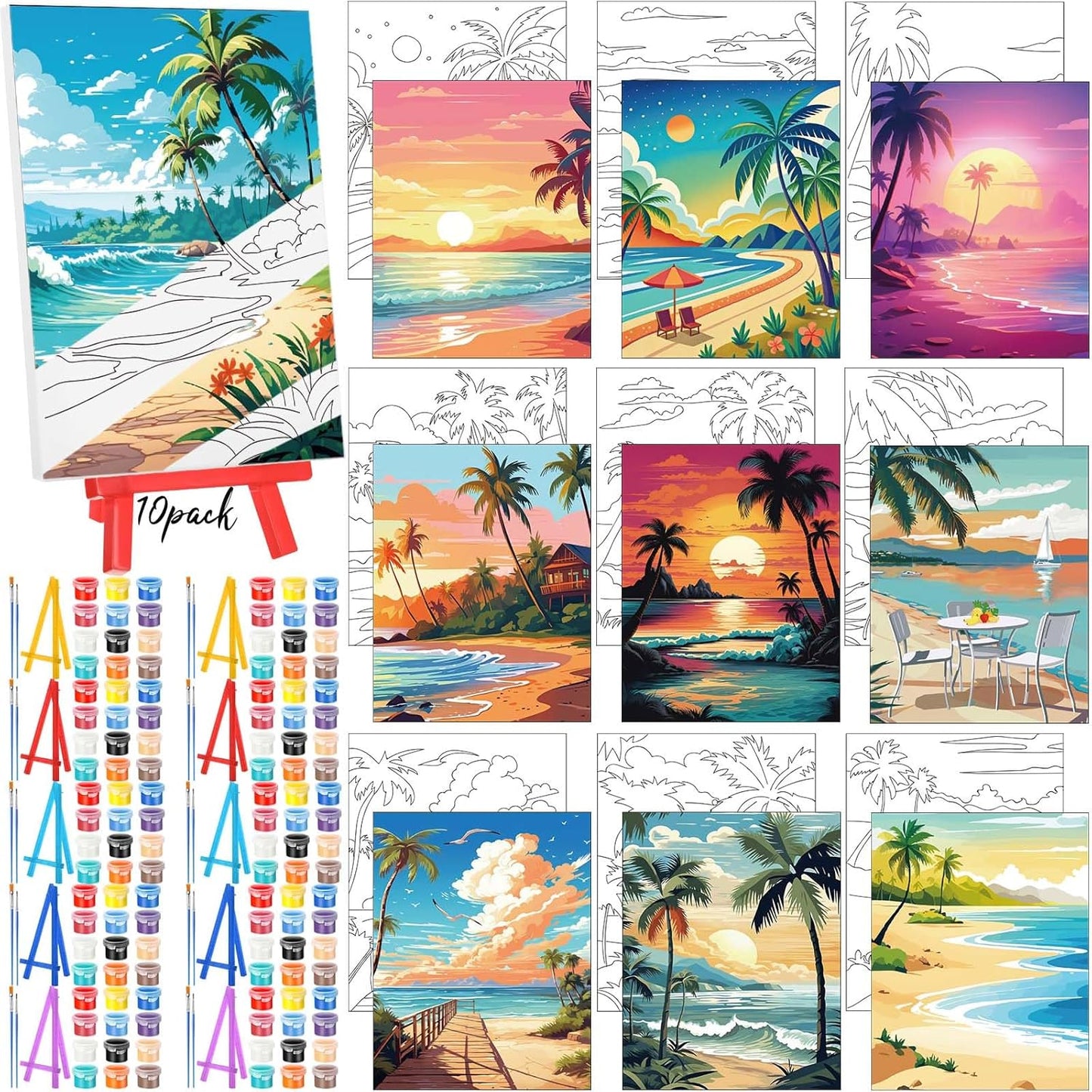 Blosssound 10 Set Pre Printed Canvas Pre Drawn Canvas Painting with Easel Kits 5" x 7" Outline Painting Panels for Beginners, DIY Craft Project, Party Favor, Home Decors(Hawaii)