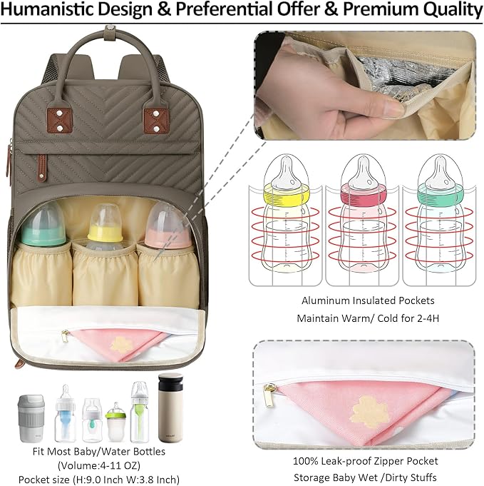 Diaper Bag Backpack Tote for Women Large Capacity, Baby Bag with Insulated Pockets Multifunctional Diaper Bags For Baby Girl Boy Waterproof Baby Bags For Boys Girls Maternity Bag khaki Brown