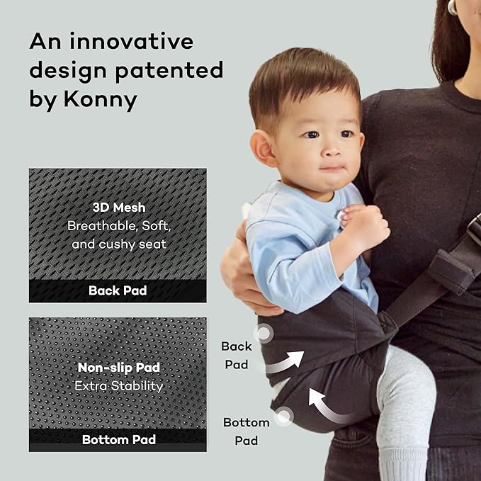 Konny Baby Carrier Hip Seat, Dual Support IHDI Certified with Two Safety Pads, Adjustable Wraps Sling Wearable One Size Fits All, Baby Essentials for 6 to 48 Months up to 44 lbs -Grey Beige