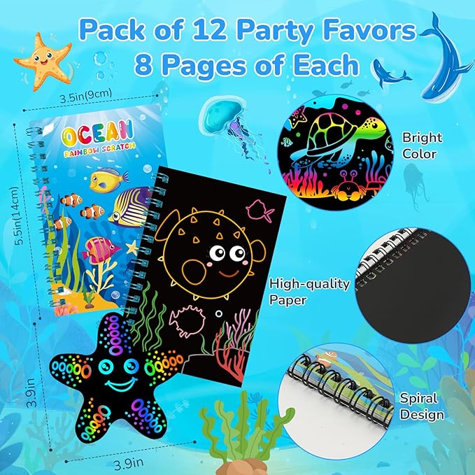 12 Pack Under the Sea Scratch Art Party Favors for Kids - Rainbow Scratch Paper with Ocean Animals Scratch Off Cards Easter Birthday Goodie Bags Stuffers - Return Gifts DIY Classroom Prizes