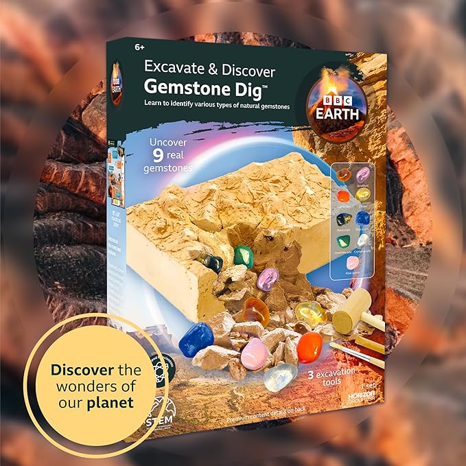 BBC Earth Excavate & Discover Gemstone Dig, Dig Up 9 Real Gemstones & Make Keychains, Rock Digging Excavation Kit, STEM Learning Kit, Kids Science Kit, Great 6 Year Old Boy Birthday Gift, Amazon Kids
