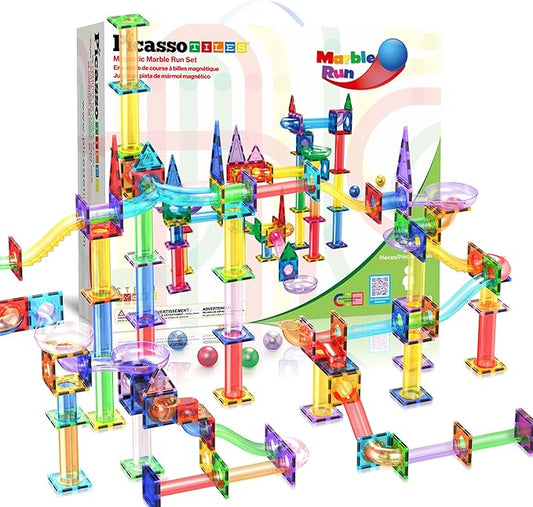 PicassoTiles 150pc Magnetic Marble Run Track Set STEM Construction Toy with Slides Ramps and Tubes Educational Magnet Tile Building Kit Kids Age 3 Plus Learning Gift for Boys Girls Preschool PTG150