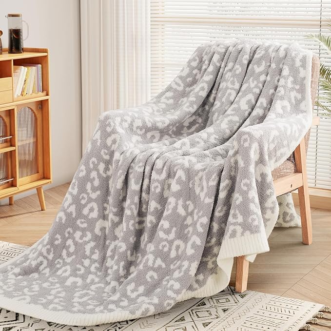 NEXHOME PRO Leopard Soft Blanket, Fuzzy Throw Blanket for Couch Bed Sofa Picnic, Knit Blankets for Women Gifts Grey 50 x 60 inches