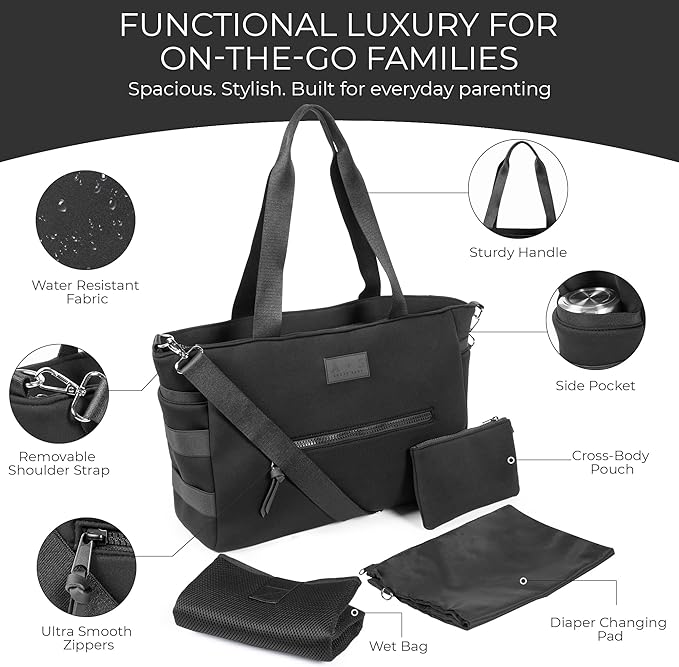A + S Luxxe Diaper Bag Tote – Stylish, Large Baby Bag with Stroller Straps, Insulated Pockets, Changing Mat & Waterproof