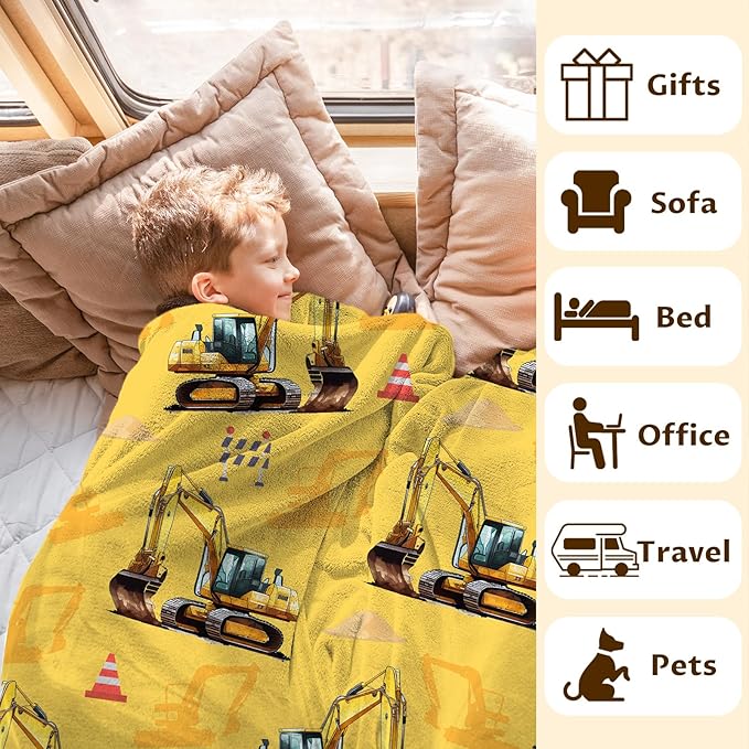 Boys Excavator Blanket Digger Throw Blankets for Kids Adults, 40x50 Inches Lightweight Soft All Season Cute Decor Throw for Sofa Couch Bed Office