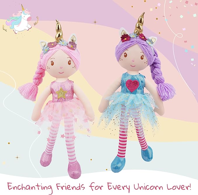 June Garden 16" Unicorn Doll Anya - Pink Hair Plush Rag Doll for Toddler Girls - Soft Companion Gift for 2+ Years - Pink Dress